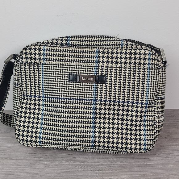 Lauren Ralph Lauren Shoulder Bag Black White Houndstooth Blue Stripe - Picture 1 of 9